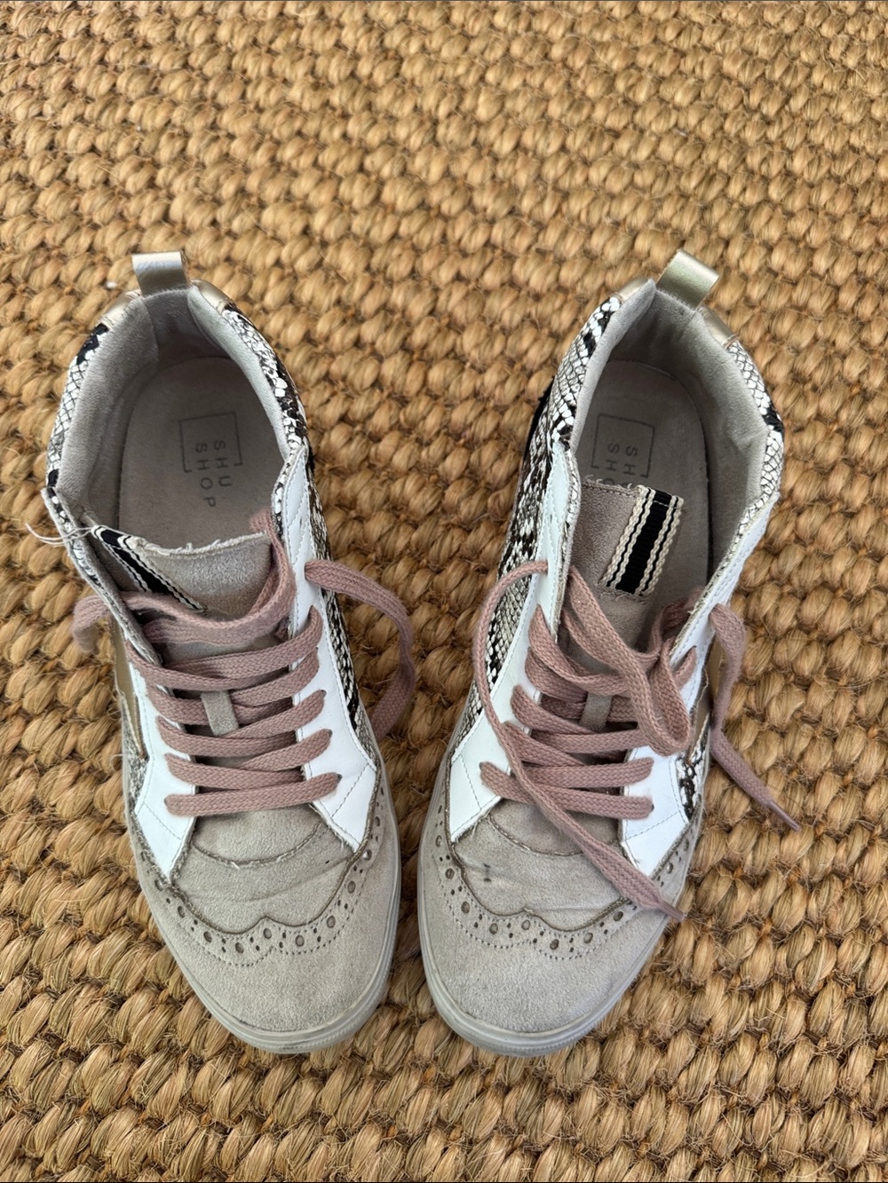 Shu Shop Neutral Snake-Print High-Top Sneakers with Pink Laces